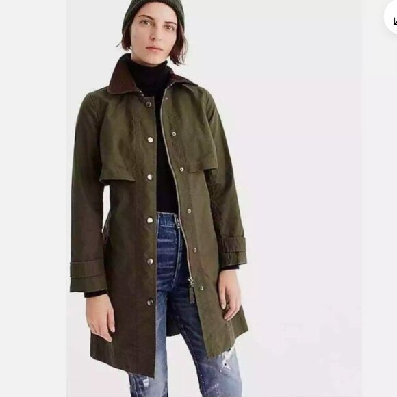 J. Crew Field Trench Coat military olive green belted XS - Picture 1 of 6